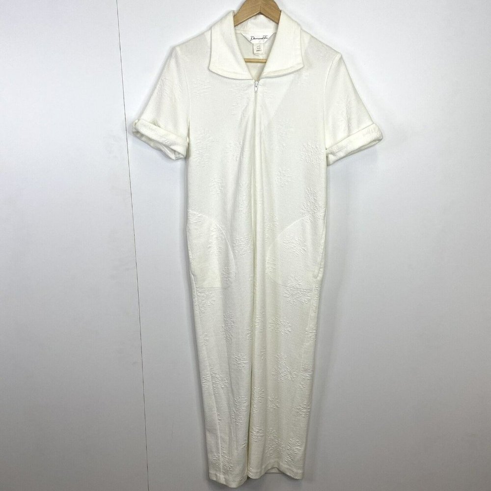 Vintage Diamond Tea House Dress Gown Housecoat White Short Sleeve Size Small